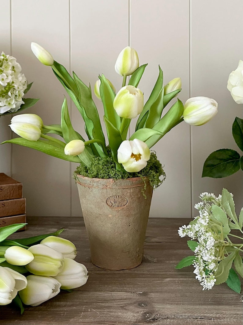 Aged Terracotta Pot With Faux Real Touch Cream Tulips, Faux Moss Arrangement, Rustic Spring Floral Decor, Farmhouse Table Centrepiece.