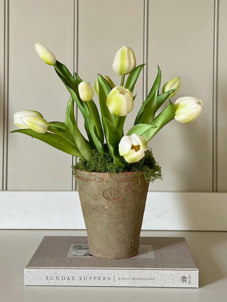 Aged Terracotta Pot With Faux Real Touch Cream Tulips, Faux Moss Arrangement, Rustic Spring Floral Decor, Farmhouse Table Centrepiece.