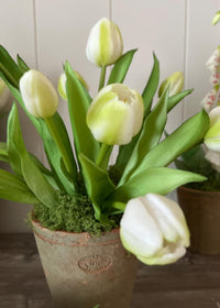 Aged Terracotta Pot With Faux Real Touch Cream Tulips, Faux Moss Arrangement, Rustic Spring Floral Decor, Farmhouse Table Centrepiece.