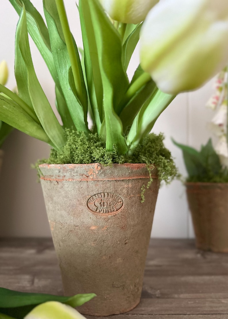 Aged Terracotta Pot With Faux Real Touch Cream Tulips, Faux Moss Arrangement, Rustic Spring Floral Decor, Farmhouse Table Centrepiece.