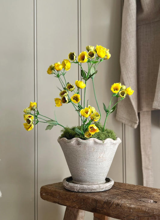 Wavy Edge Pot With Faux Buttercups & Moss. Summer Floral Decor.