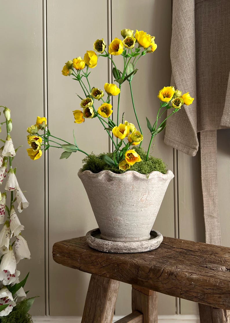 Wavy Edge Pot With Faux Buttercups & Moss. Summer Floral Decor.