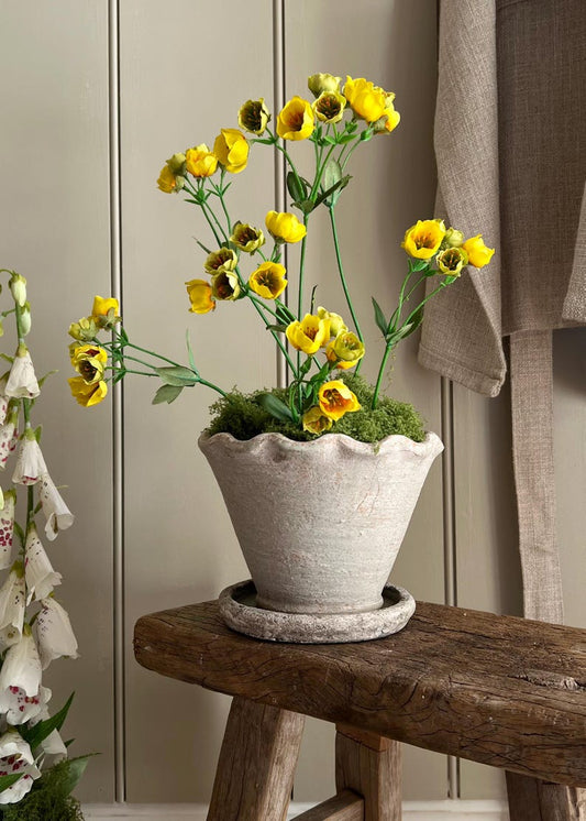 Wavy Edge Pot With Faux Buttercups & Moss. Summer Floral Decor.