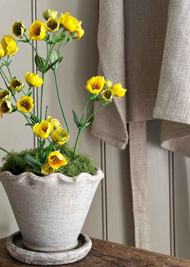 Wavy Edge Pot With Faux Buttercups & Moss. Summer Floral Decor.