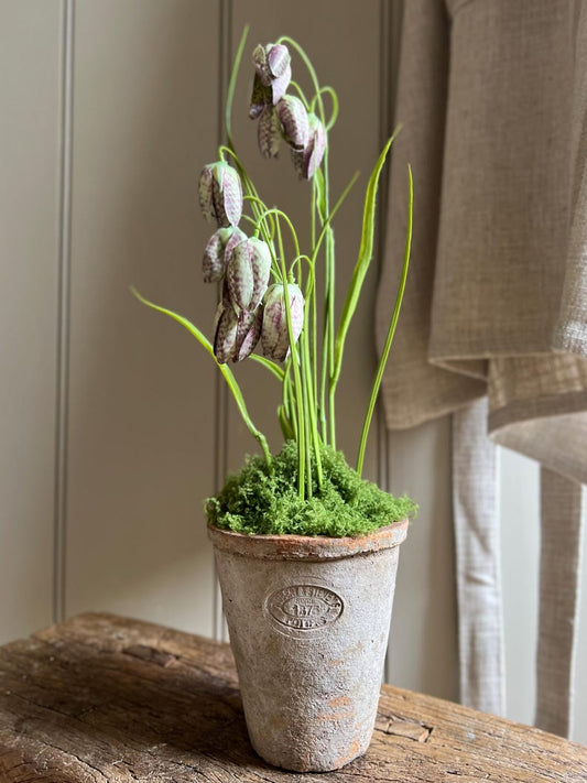 Realistic Faux Fritillaries in Aged Terracotta Pot with Moss. Luxury Artificial Flower Arrangement, Rustic Wedding & Home Gift.