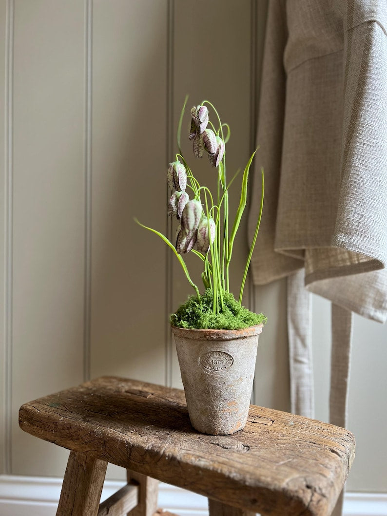 Realistic Faux Fritillaries in Aged Terracotta Pot with Moss. Luxury Artificial Flower Arrangement, Rustic Wedding & Home Gift.