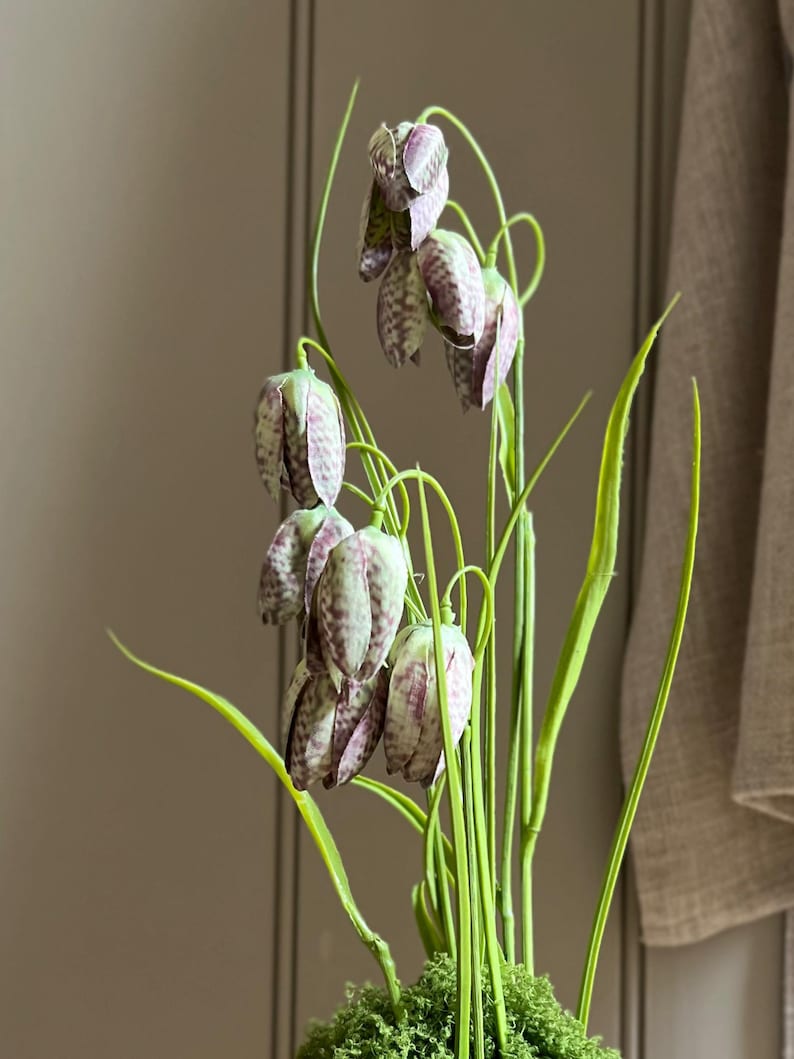 Realistic Faux Fritillaries in Aged Terracotta Pot with Moss. Luxury Artificial Flower Arrangement, Rustic Wedding & Home Gift.
