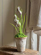 Realistic Faux Fritillaries in Aged Terracotta Pot with Moss. Luxury Artificial Flower Arrangement, Rustic Wedding & Home Gift.