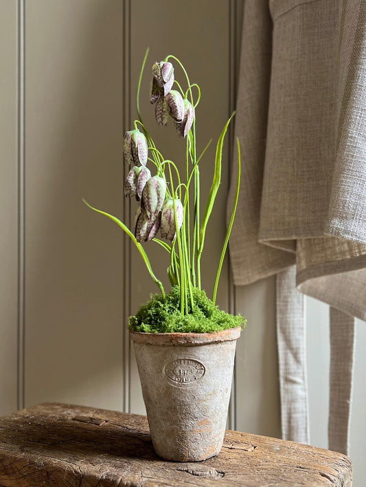 Realistic Faux Fritillaries in Aged Terracotta Pot with Moss. Luxury Artificial Flower Arrangement, Rustic Wedding & Home Gift.