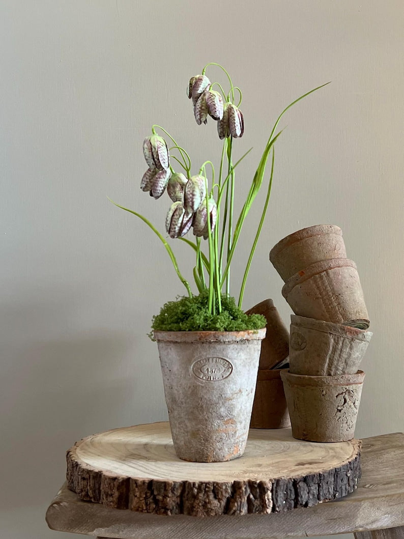 Realistic Faux Fritillaries in Aged Terracotta Pot with Moss. Luxury Artificial Flower Arrangement, Rustic Wedding & Home Gift.
